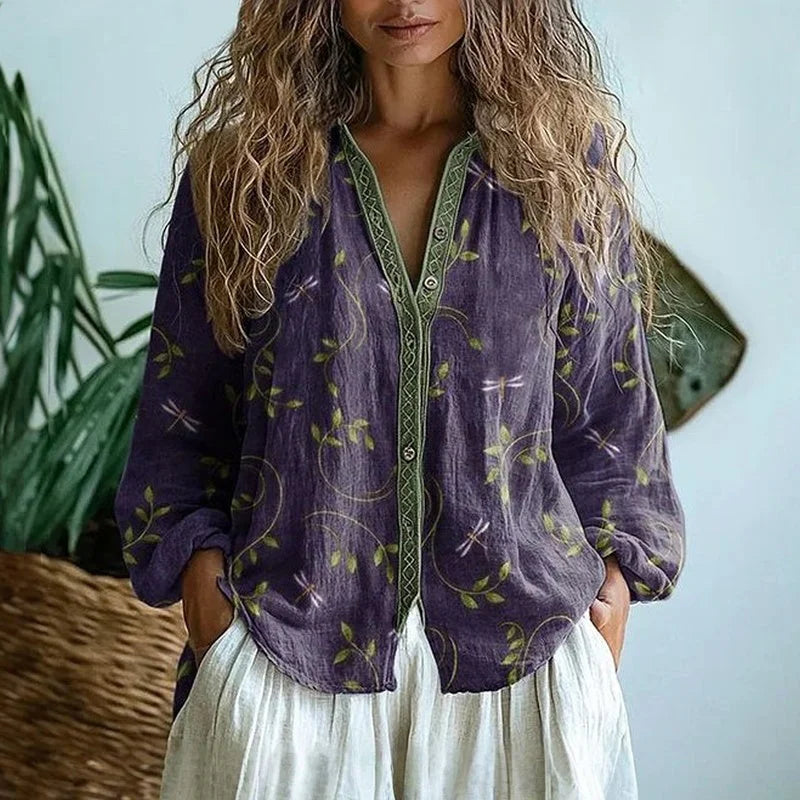 camisa vintage com estampado de folhas