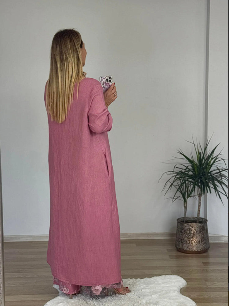 Fato casual de algodão e linho com blusa irregular e calças largas