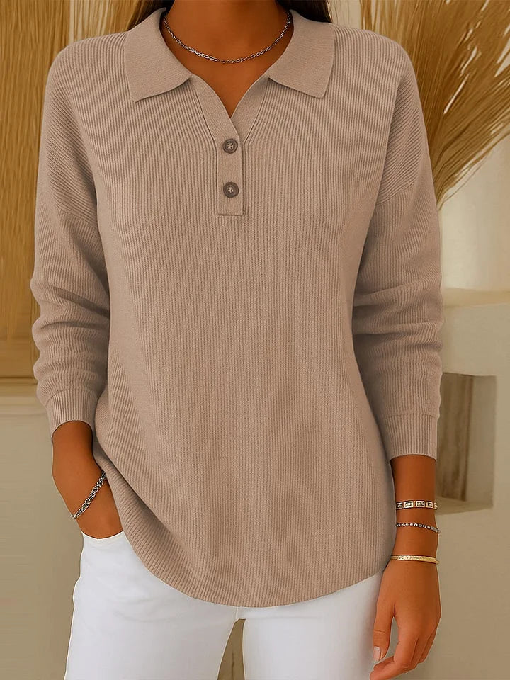 Camisola de mulher de cor sólida com mangas compridas e lapelas
