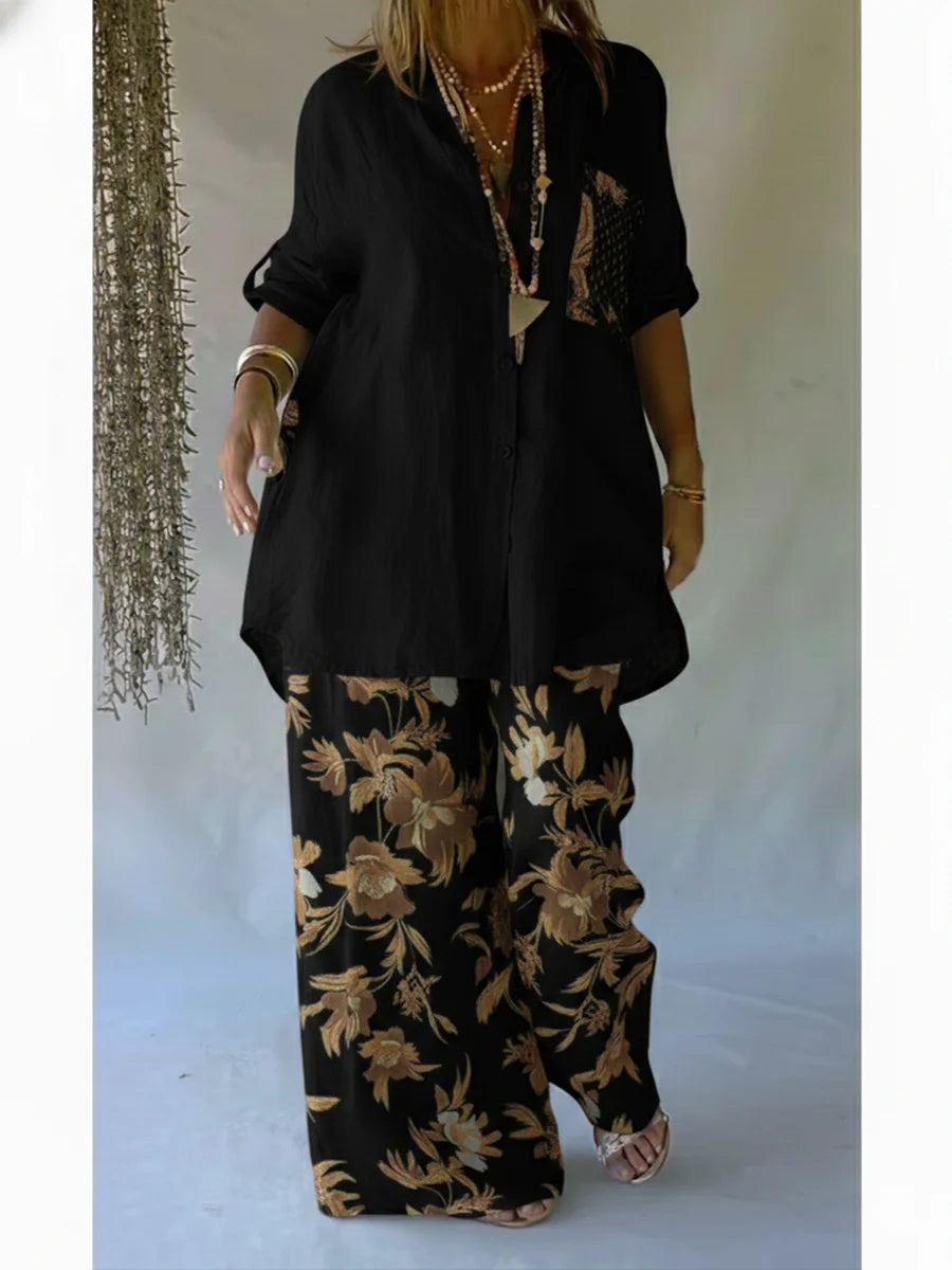 Conjunto de duas peças casual com estampado floral, composto por camisa e calças em linho e algodão