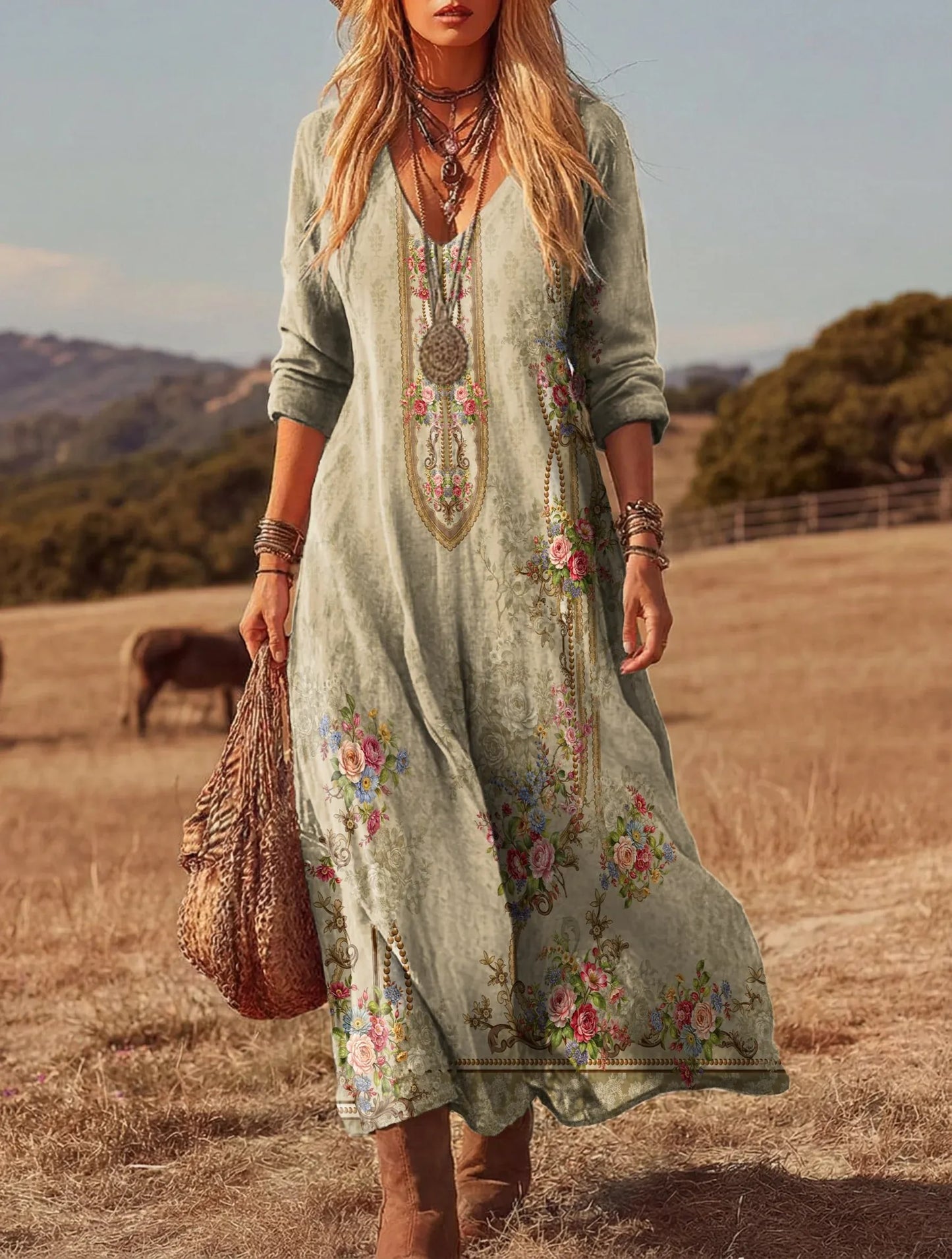 Vestido de mulher em algodão estampado em estilo vintage