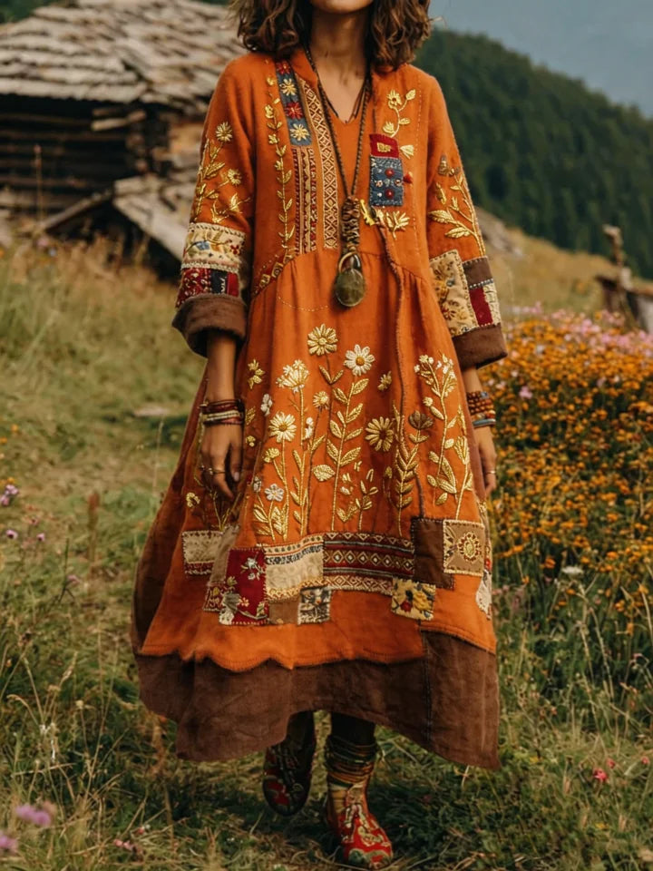 O vestido é feito de um tecido misto de linho e algodão