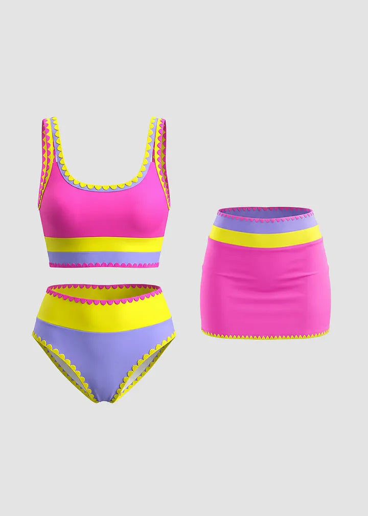 ✨Conjunto de biquíni de 3 peças colorido e desportivo, fabricado em nylon de alto contraste.