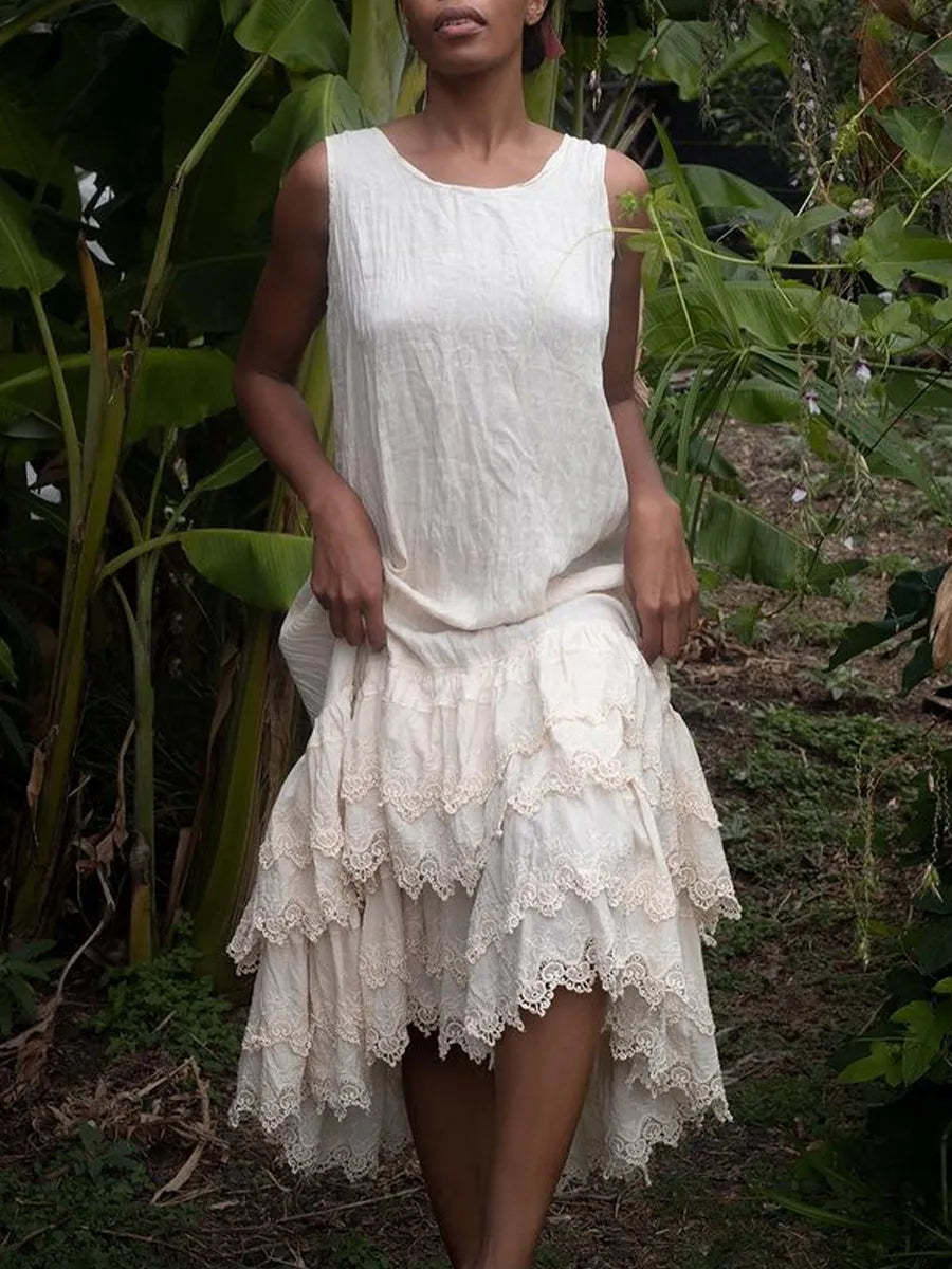 Vestido sem mangas de cor sólida com acabamento em renda