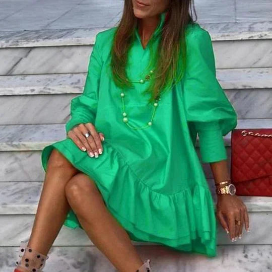 Vestido camiseiro de cor sólida para mulher com mangas compridas