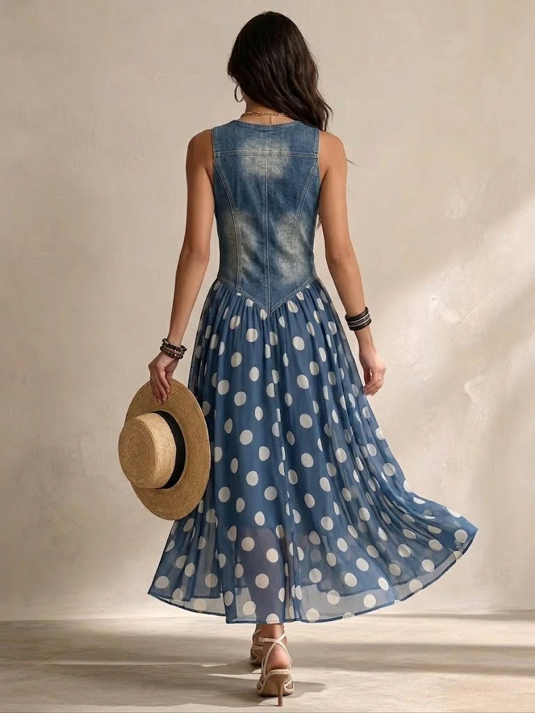 Vestido de patchwork em poá e ganga