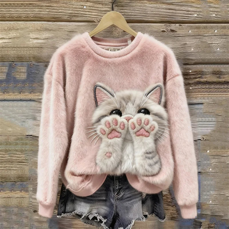 Sweatshirt confortável com estampa fofa de patinha de gato rosa de peluche