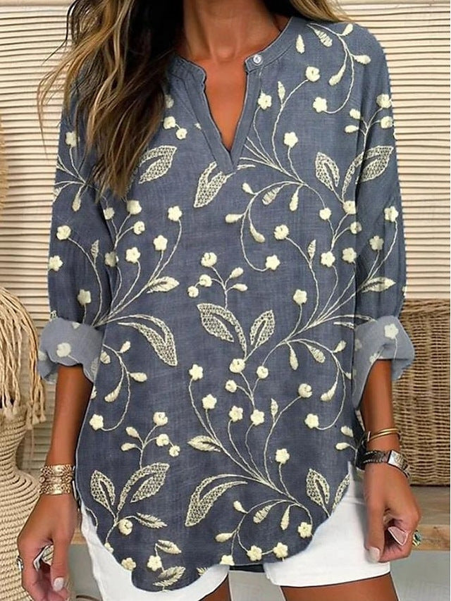 Camisa vintage com bordado de renda floral e mistura de linho