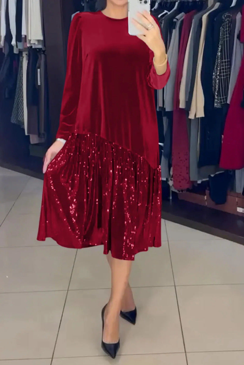Vestido de noite de lantejoulas emendadas de veludo de cor sólida de inverno