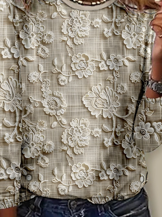 Camisa casual de senhora estampada com gola redonda para uso diário
