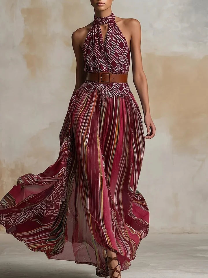 Vestido comprido sem mangas com estampado artístico boémia