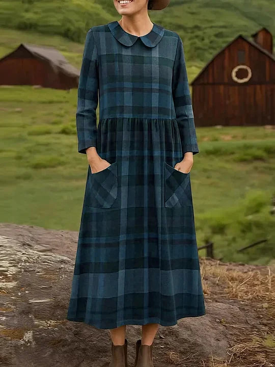 Vestido solto casual com estampado xadrez para mulher