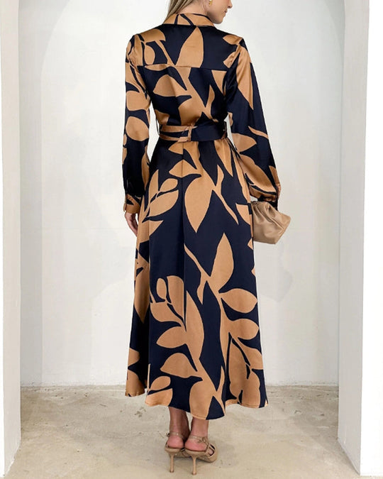 Vestido elegante de manga comprida com lapela estampada
