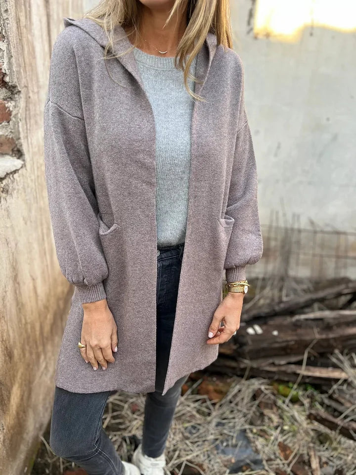 Cardigan comprido casual com bolsos e capuz
