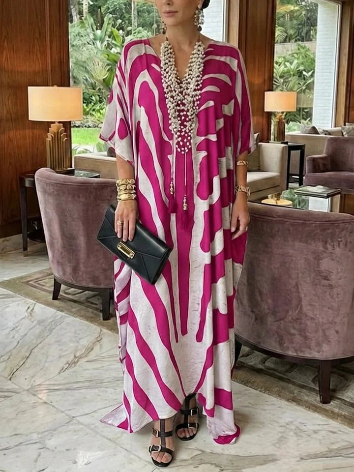 Vestido comprido folgado casual boémio com estampa animal
