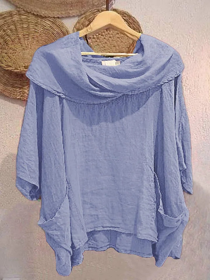 Blusa de linho para mulher, casual e confortável, com mangas a três quartos e bolso