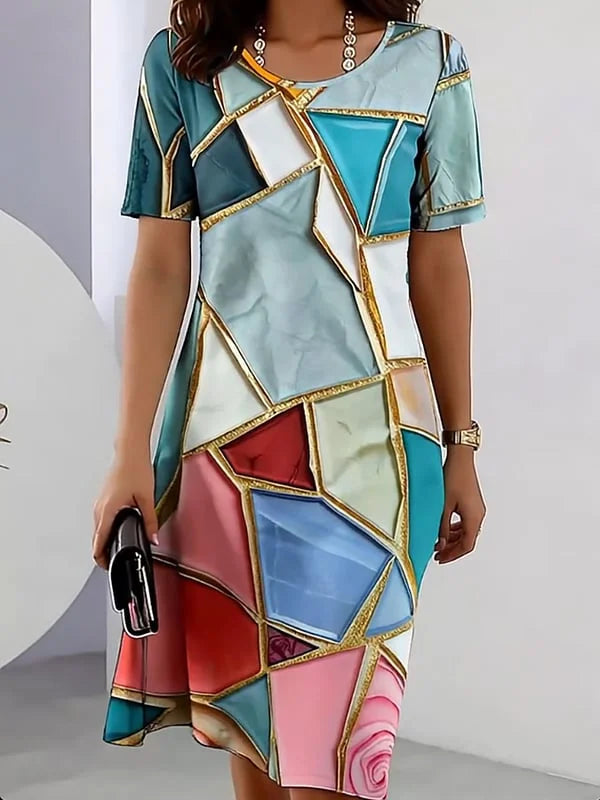 Vestido casual estampado para menina com gola redonda e manga curta