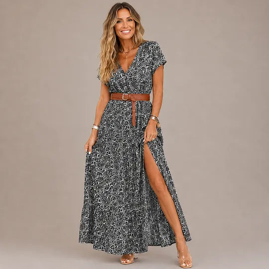 Vestido comprido de menina estilo boho com decote em V