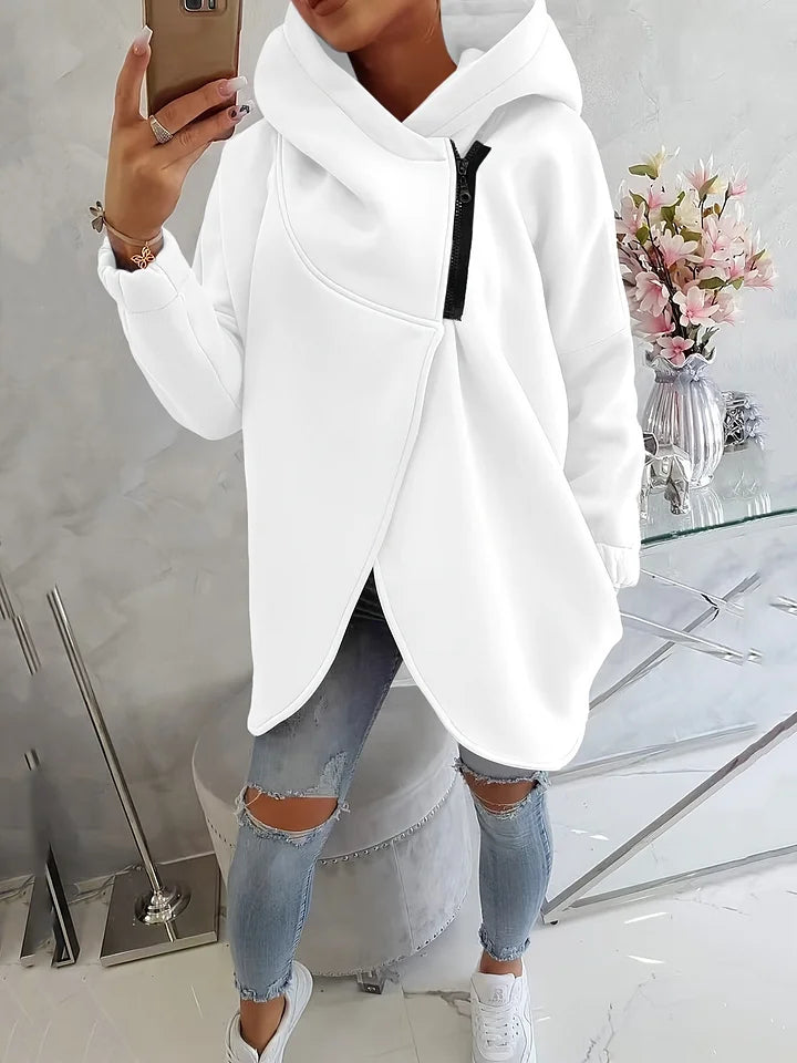 Sweatshirt de mulher com capuz de cor sólida, bolso frontal e fecho