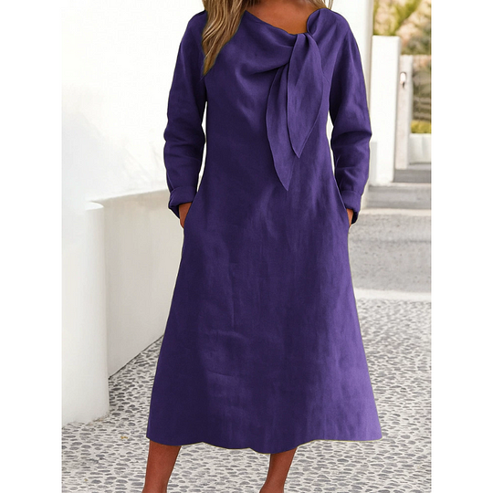 Vestido de cor sólida com decote redondo e manga comprida