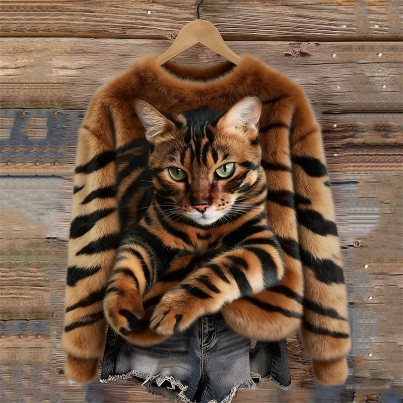 Sweatshirt de peluche confortável com estampa de gato malhado e tigre
