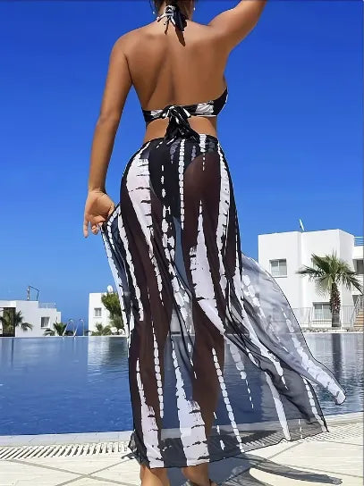 Conjunto de biquíni feminino de duas peças às riscas com estampado tie-dye