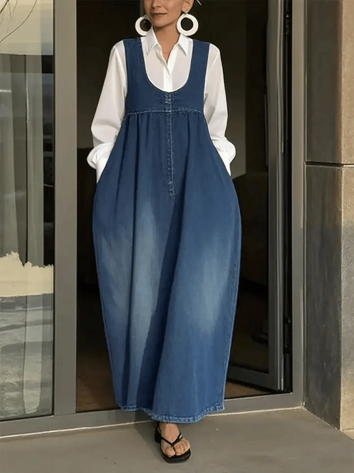 Vestido colete casual sem mangas para mulher em ganga