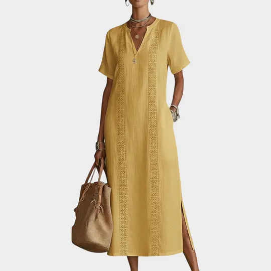 Vestido midi com decote em V e bordado