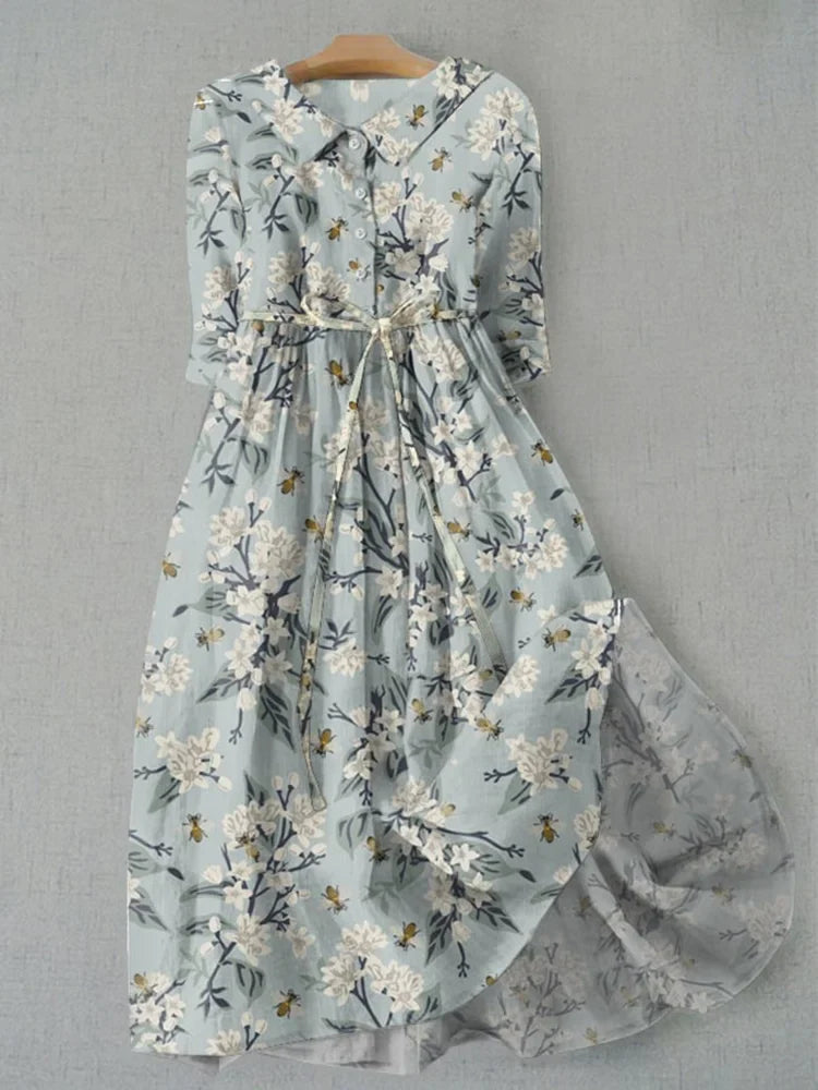 Vestido midi casual elegante com estampado floral e estampado