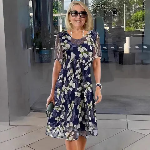【Tamanhos S-3XL】🌸Vestido elegante de chiffon para mulher com estampado floral