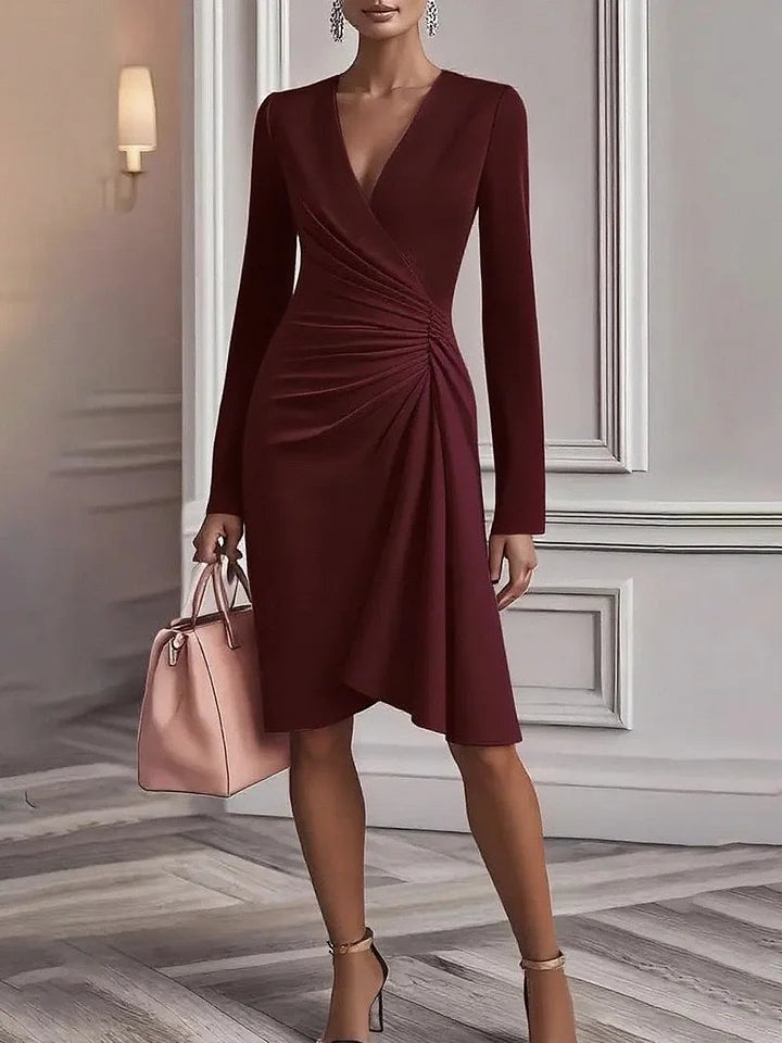 Vestido de mulher de cor sólida com decote em V