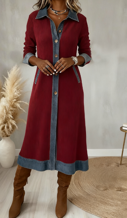 Vestido midi casual de bombazine com patchwork de ganga e corte A