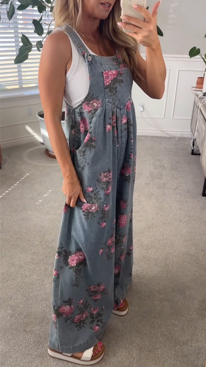 Macacão de ganga casual com bolso estampado para mulher de verão
