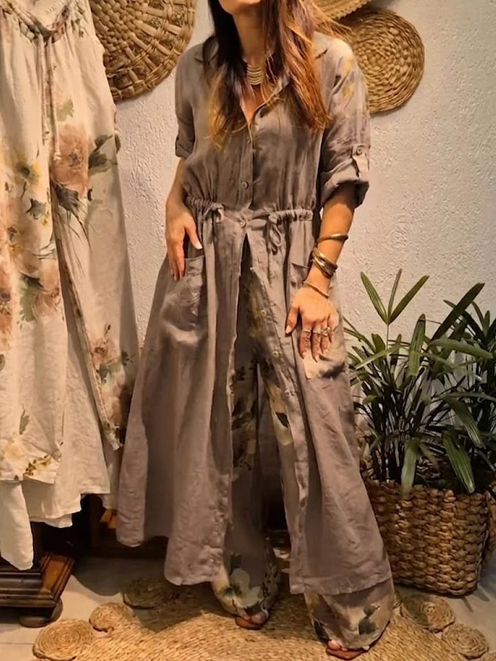Conjunto casual de linho para mulher: Cardigan largo de manga comprida com gola e calças pantalona de cintura alta