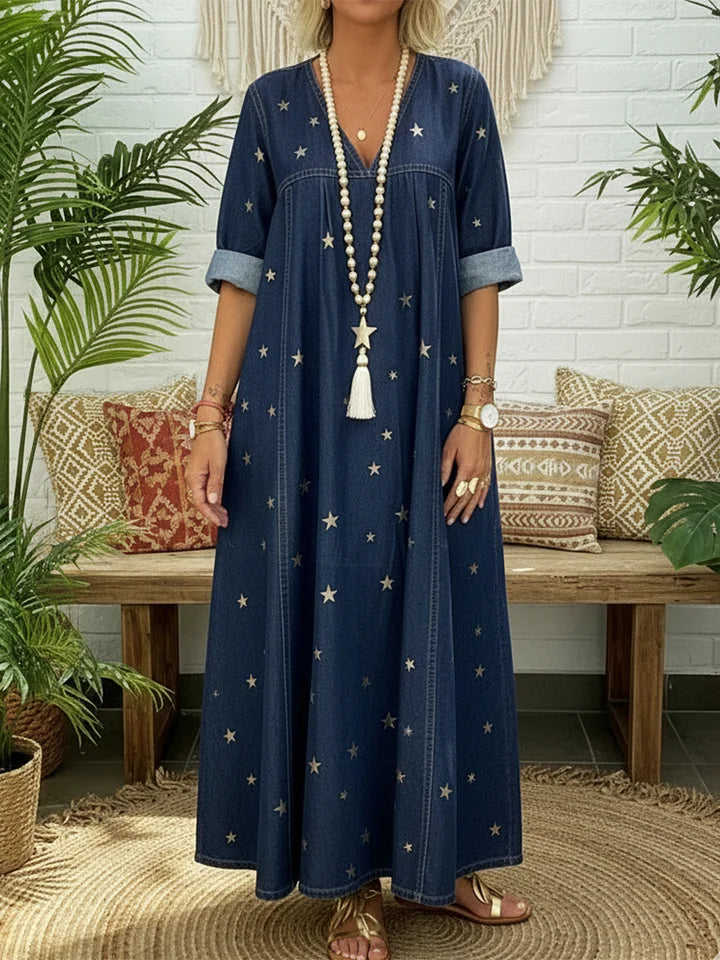 Vestido casual em denim 100% algodão com estampado de estrelas douradas