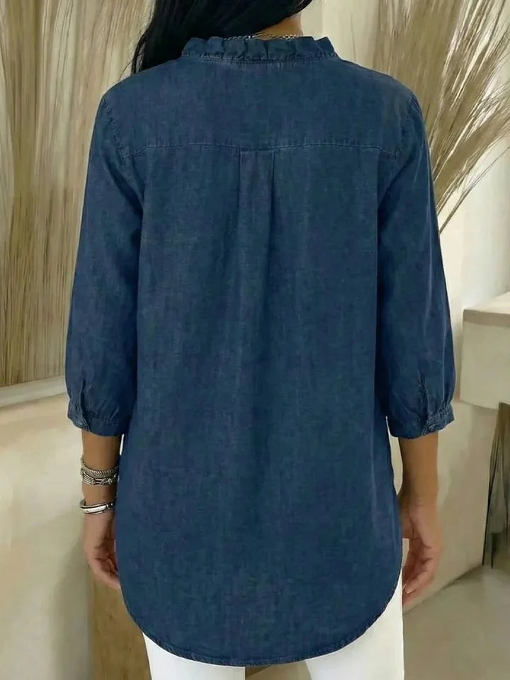 Camisa de ganga casual para mulher com folhos e decote em V
