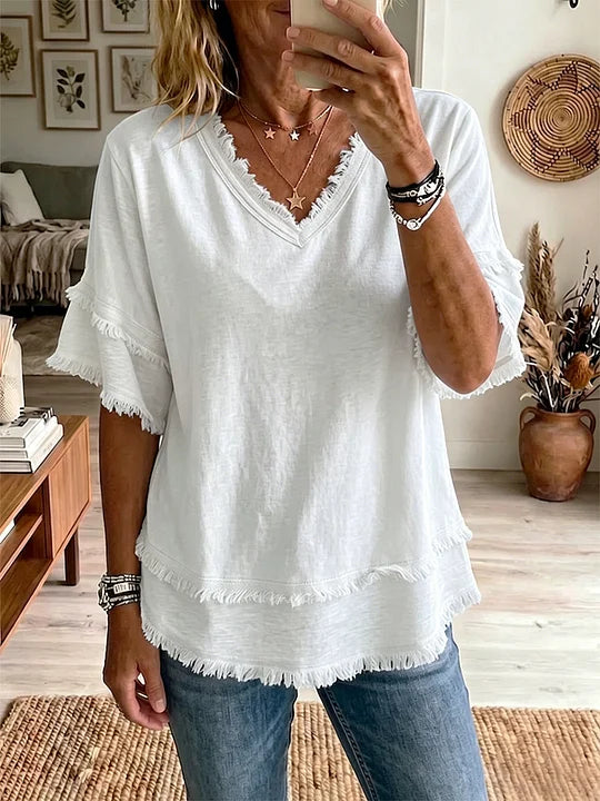 Blusa casual de linho misto com manga curta e bainha desfiada
