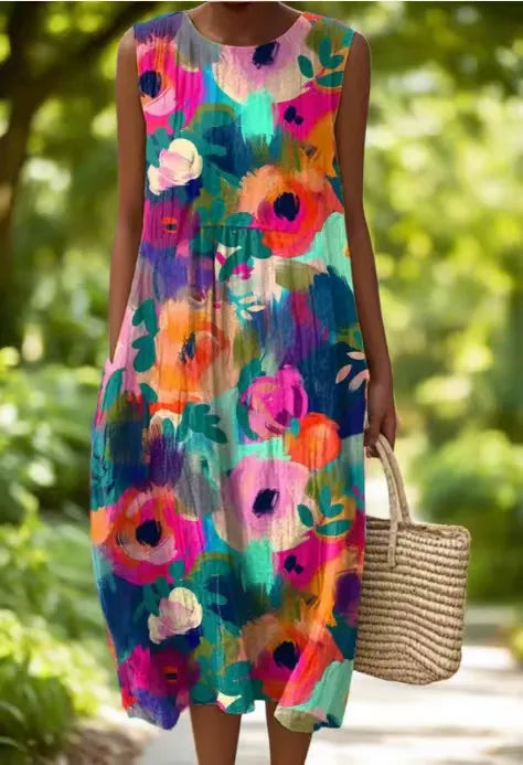 Vestido de senhora sem mangas, gola redonda, material de algodão e linho