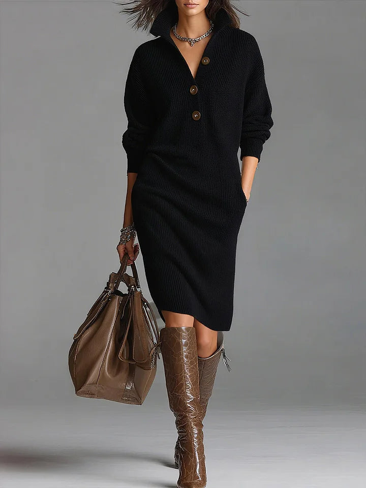 Vestido casual de malha solta para mulher com gola alta e manga comprida, cor sólida