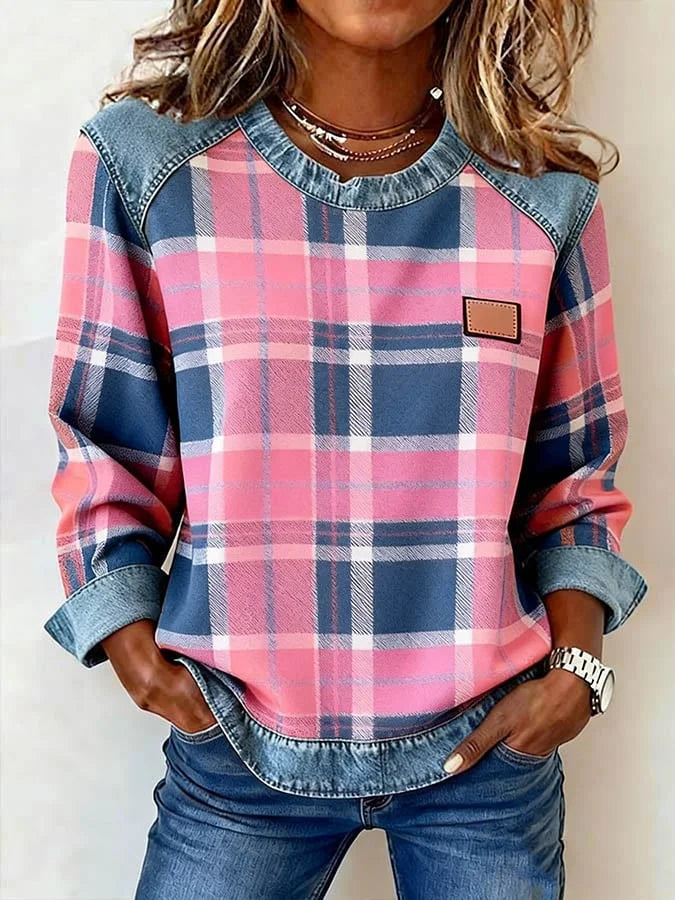 Sweatshirt casual de mulher de gola redonda em ganga com estampa xadrez e patchwork
