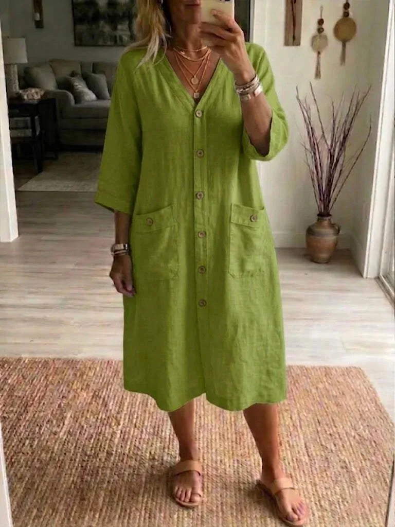 Vestido midi casual para mulher em algodão e linho com decote em V