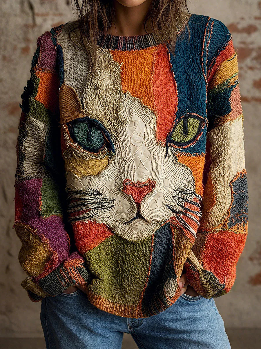 Blusa casual para mulher com patchwork artístico e estampado de rosto de gato