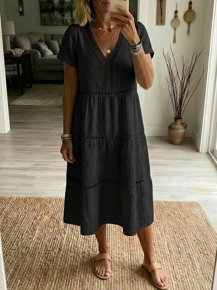 Vestido casual de retalhos em linho e algodão