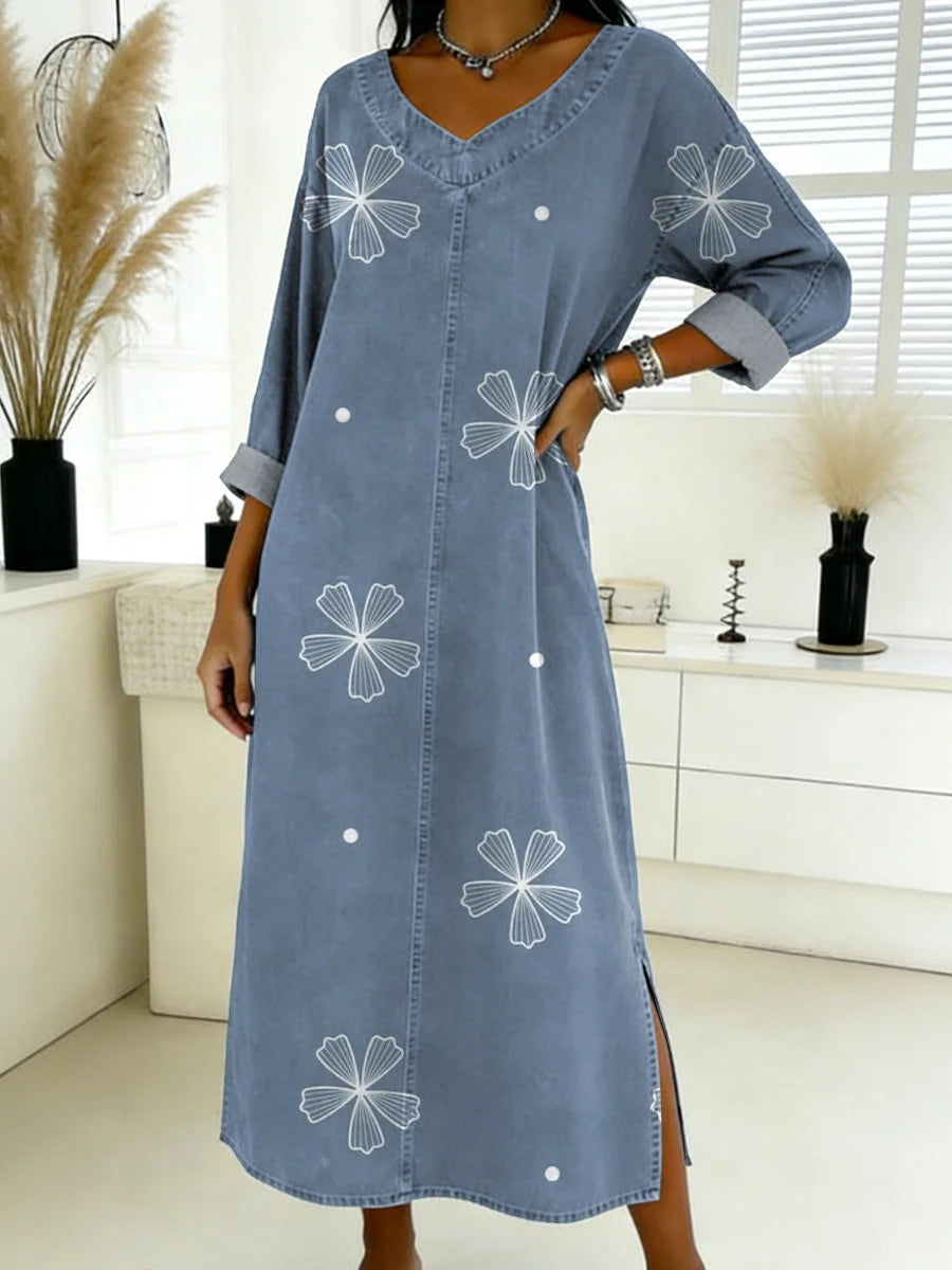 Vestido de ganga elegante e casual de manga comprida com gola redonda para mulher