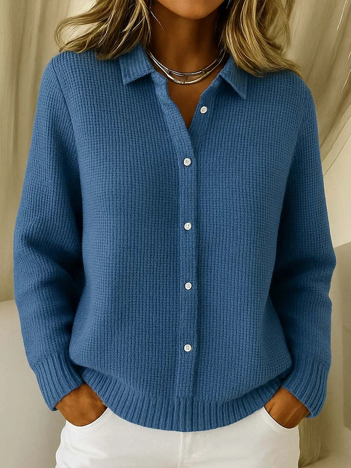 Cardigan de manga comprida e lapela para mulher, cor sólida