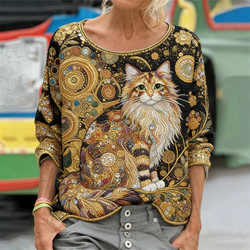 Uma t-shirt colorida, fofa e brilhante com estampado de gatos num estilo único