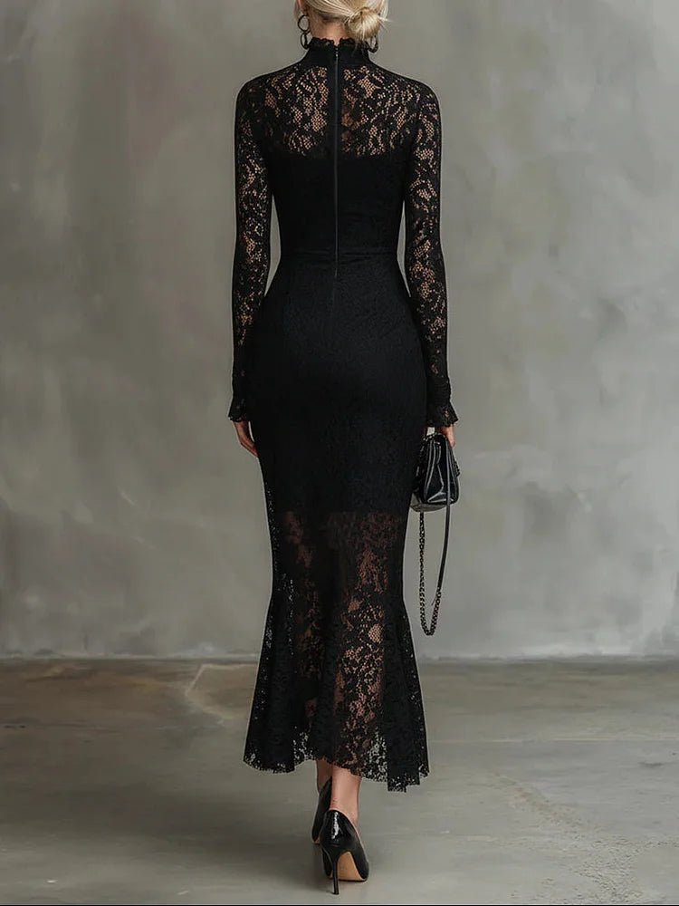 Vestido comprido sereia elegante em renda elástica preta