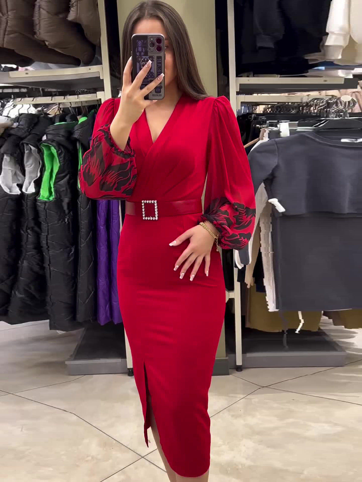 🎁Promoção imperdível🔥Elegante vestido de menina vermelho com decote em V
