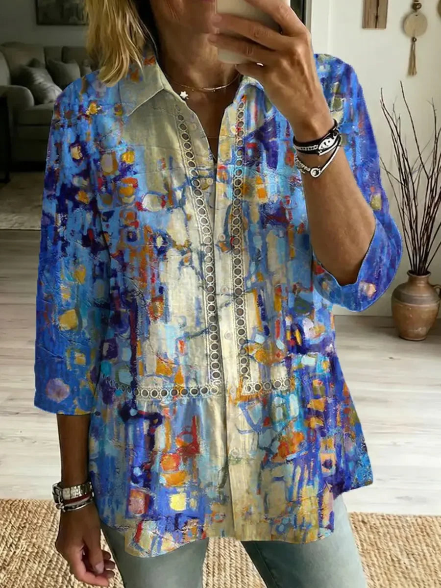 Camisa casual de mulher em algodão com estampado artístico retro e lapela