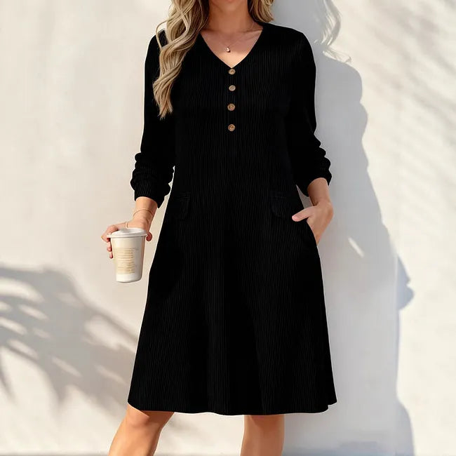 Vestido de malha para mulher com decote em V e riscas verticais